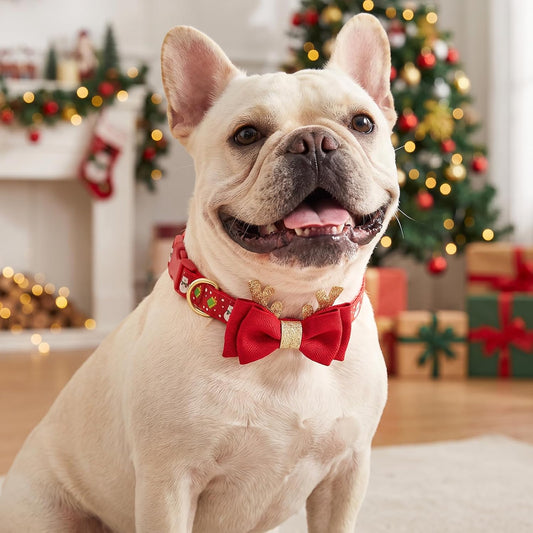 Festive Adjustable Christmas Dog Collar with Antler Bow Tie & Snowman Accessory for Medium Dogs