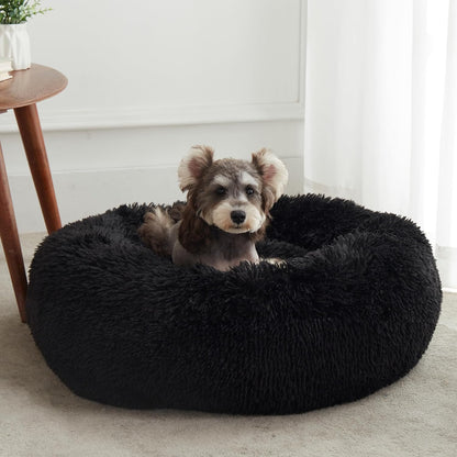 Cozy Black Calming Donut Cat Bed & Small Dog Bed - 20" Washable Comfort