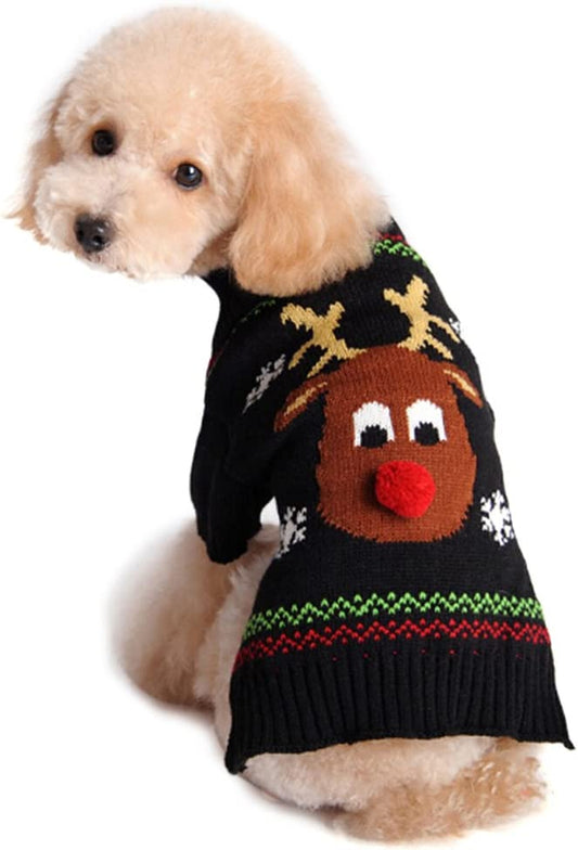 Festive Deer Reindeer Pet Sweater - Cozy Winter Wear for Cats & Dogs (Red Nose, X-Small)